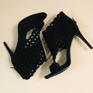 3/30 Black Faux Suede Cutout Peep Toe Bootie